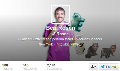 Buzzfeed's Ben Rosen incorporates his avatar seamlessly into his header image.