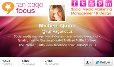 Michele Quinn is using her Twitter header to let followers know about her other social media networks.