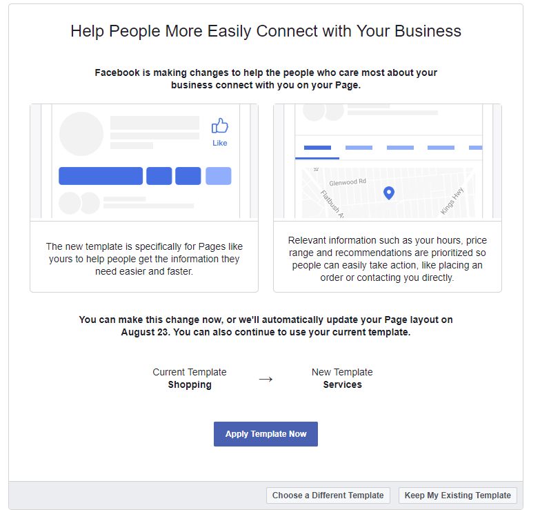 facebook new page template switch