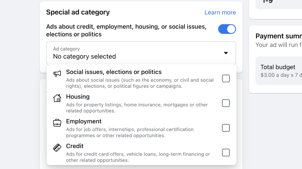 Facebook Special Ad Category interface that lists categories about credit, employment, housing, or social issues, elections or politics.