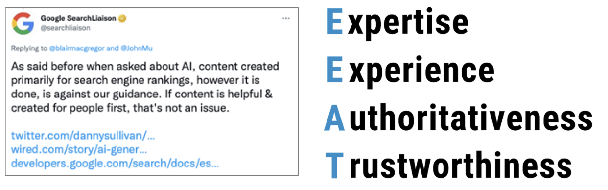 Tweet about EEAT: Expertise Experience Authoritativeness Trustworthiness
