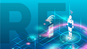 Illustration of robot, cellphone, and digital connectivity with large RE letters