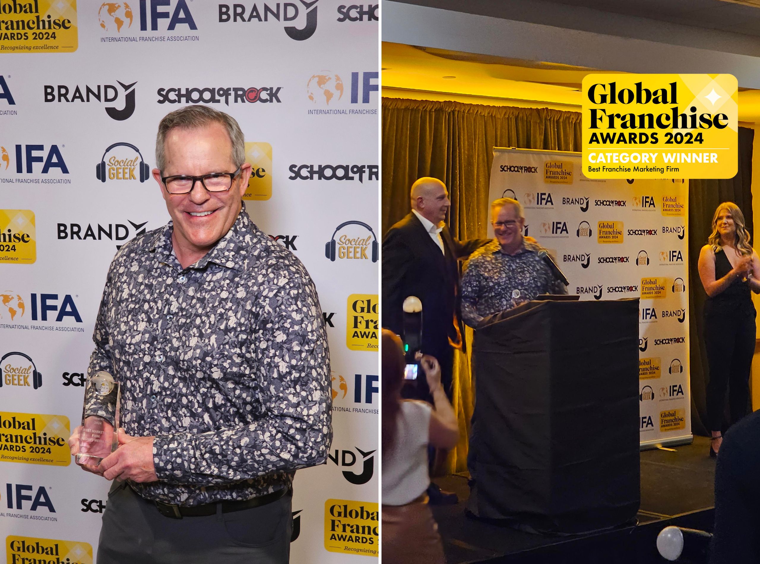 Reshift Media COO Kirk Allen holding Global Franchise Award (left) and onstage (right.