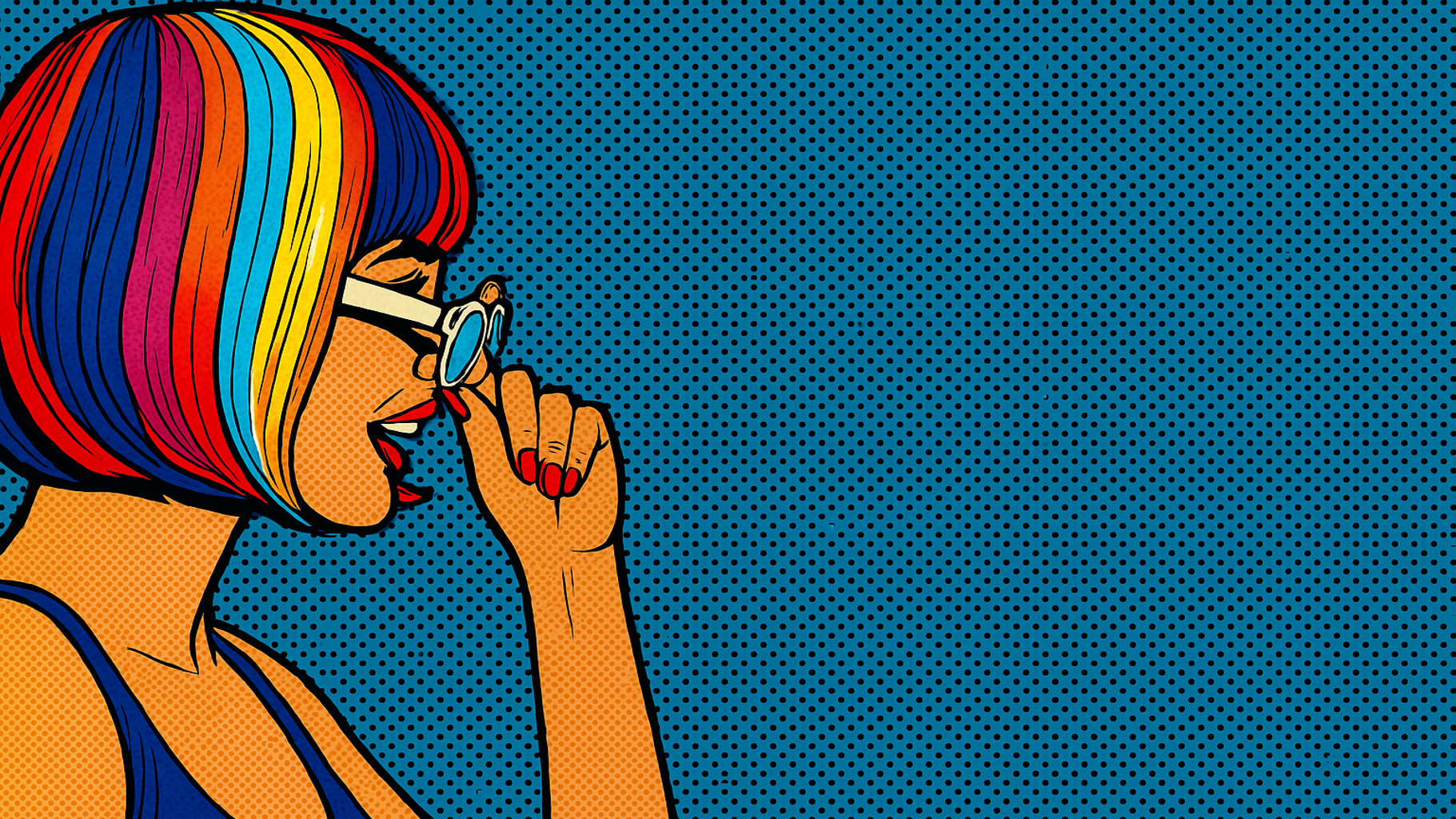 A comic book-style illustration of a woman with multi-color hair who is wearing sunglasses with an amazed expression