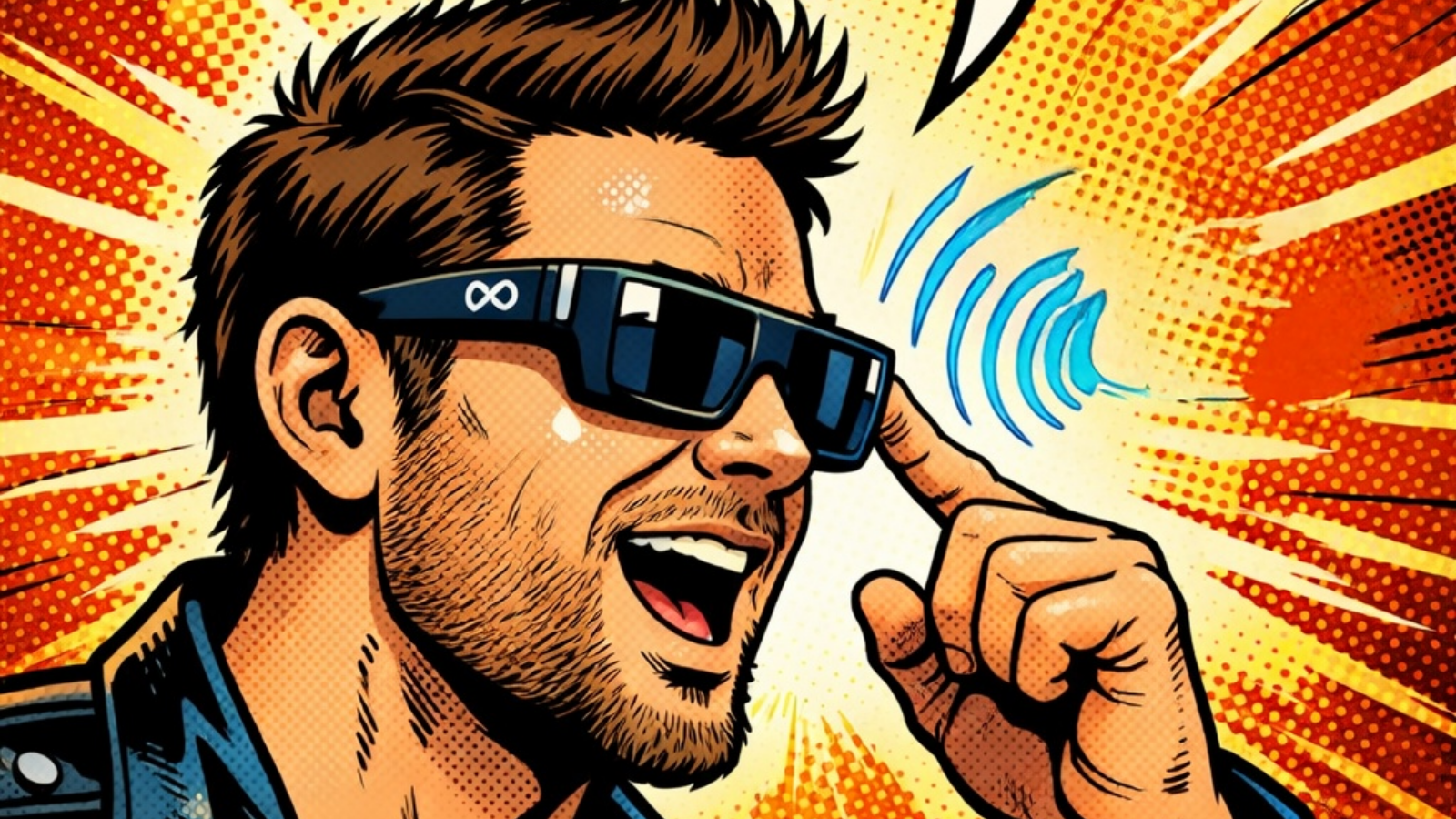 A comic book-style illustration of a man with Meta glasses on and using its voice search capability.